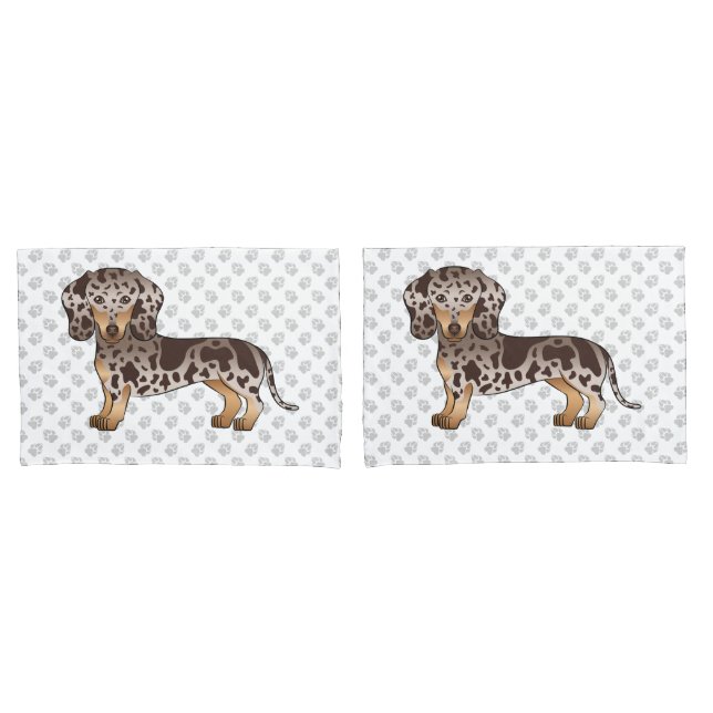 Chocolate & Tan Dapple Short Hair Dachshund & Paws Pillow Case (Front-Set)