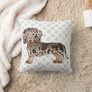 Chocolate & Tan Dapple Short Hair Dachshund & Paws Throw Pillow