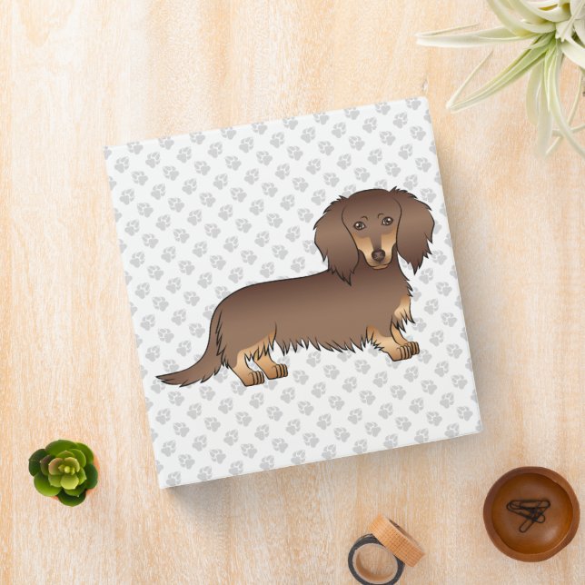 Chocolate & Tan Long Hair Dachshund Cartoon Dog 3 Ring Binder (In Situ)