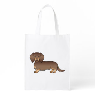 Chocolate &amp; Tan Long Hair Dachshund Cartoon Dog Grocery Bag