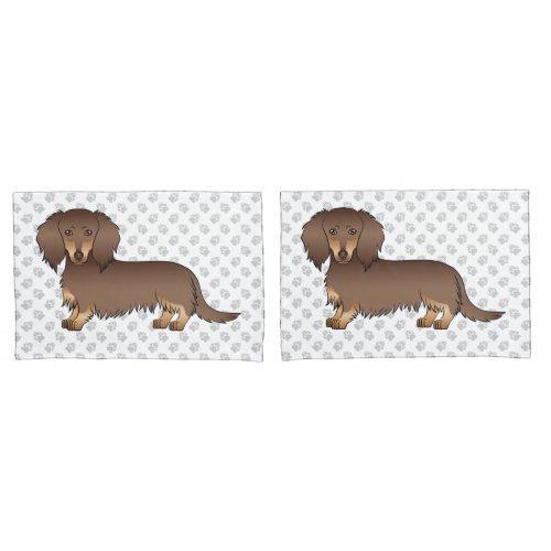 Chocolate  Tan Long Hair Dachshund Cartoon Dog Pillow Case