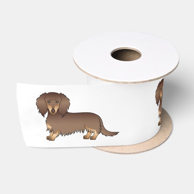 Chocolate & Tan Long Hair Dachshund Cartoon Dogs Satin Ribbon (Spool)
