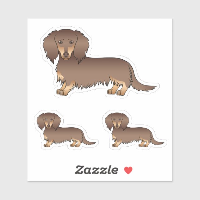 Chocolate & Tan Long Hair Dachshund Cartoon Dogs Sticker (Sheet)