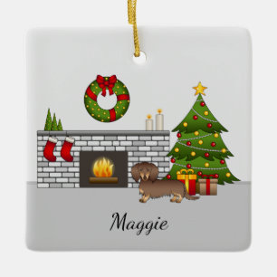 Chocolate & Tan Long Hair Dachshund Christmas Room Ceramic Ornament