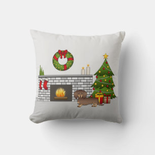 Chocolate & Tan Long Hair Dachshund Christmas Room Throw Pillow