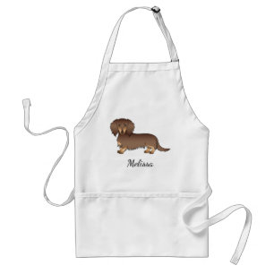 Chocolate & Tan Long Hair Dachshund Dog & Name Adult Apron