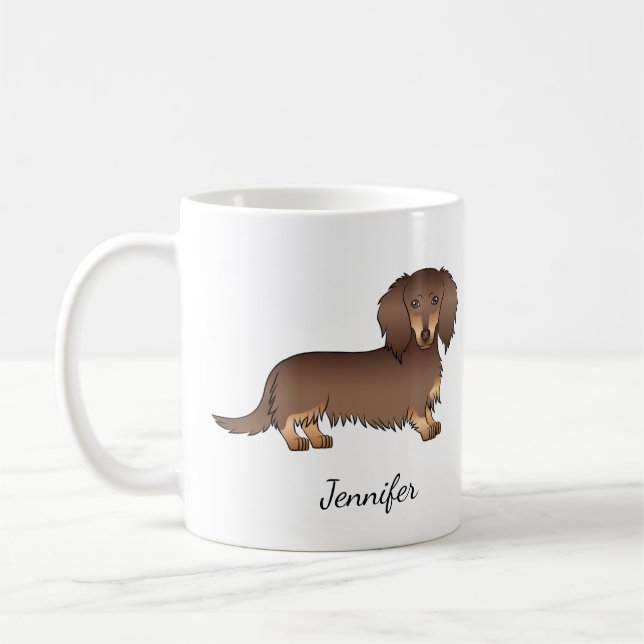 Chocolate & Tan Long Hair Dachshund Dog & Name Coffee Mug (Left)