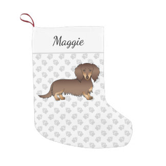 Chocolate &amp; Tan Long Hair Dachshund Dog &amp; Name Small Christmas Stocking