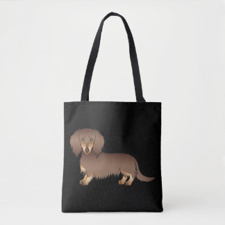 Chocolate &amp; Tan Long Hair Dachshund Dog On Black Tote Bag