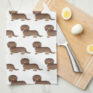 Chocolate &amp; Tan Long Hair Dachshund Dog Pattern Kitchen Towel