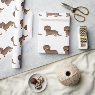 Chocolate &amp; Tan Long Hair Dachshund Dog Pattern Wrapping Paper