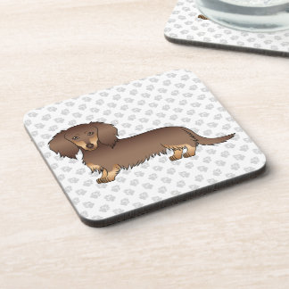 Chocolate &amp; Tan Long Hair Dachshund Dog &amp; Paws Beverage Coaster