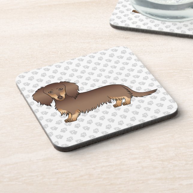 Chocolate & Tan Long Hair Dachshund Dog & Paws Beverage Coaster (Left Side)