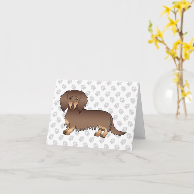 Chocolate & Tan Long Hair Dachshund Dog & Paws Card (Yellow Flower)