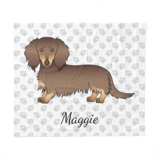 Chocolate &amp; Tan Long Hair Dachshund Dog &amp; Paws Fleece Blanket