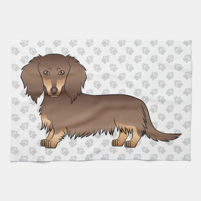 Chocolate & Tan Long Hair Dachshund Dog & Paws Kitchen Towel (Horizontal)