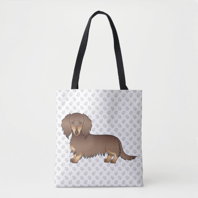 Chocolate & Tan Long Hair Dachshund Dog & Paws Tote Bag (Front)