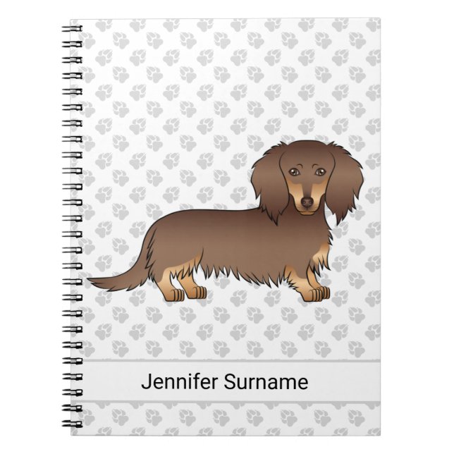 Chocolate & Tan Long Hair Dachshund Dog & Text Notebook (Front)