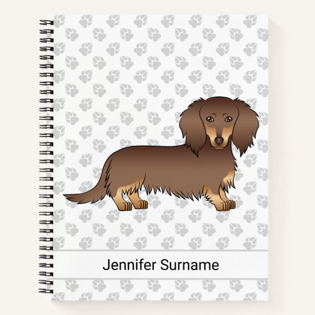 Chocolate & Tan Long Hair Dachshund Dog & Text Notebook (Front)