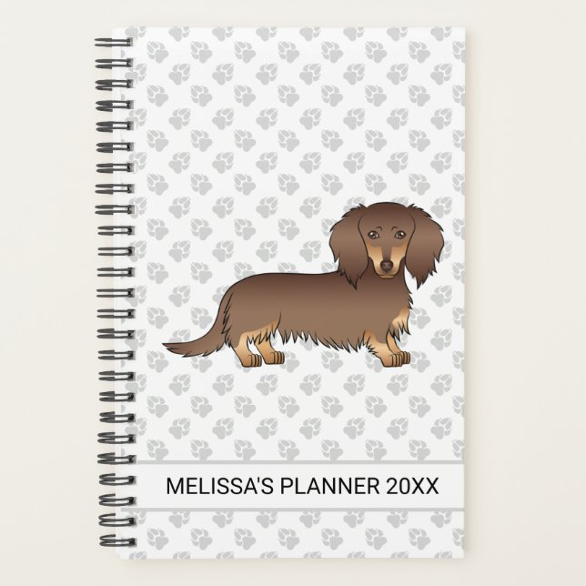 Chocolate & Tan Long Hair Dachshund Dog & Text Planner (Front)