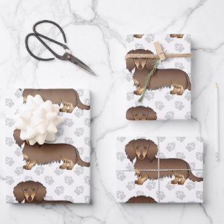 Chocolate &amp; Tan Long Hair Dachshund Pattern &amp; Paws Wrapping Paper Sheets