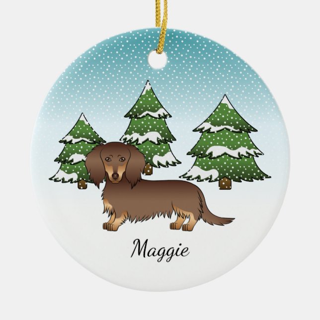 Chocolate & Tan Long Hair Dachshund Winter Forest Ceramic Ornament (Front)
