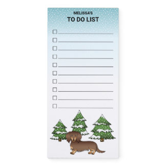 Chocolate &amp; Tan Long Hair Dachshund Winter Forest Magnetic Notepad