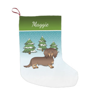 Chocolate &amp; Tan Long Hair Dachshund Winter Forest Small Christmas Stocking