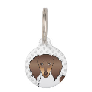 Chocolate & Tan Piebald Long Hair Dachshund Head Pet ID Tag