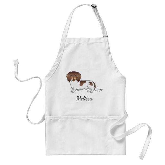 Chocolate & Tan Piebald Long Hair Dachshund & Name Adult Apron (Front)