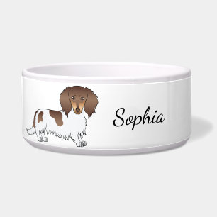 Chocolate & Tan Piebald Long Hair Dachshund & Name Bowl