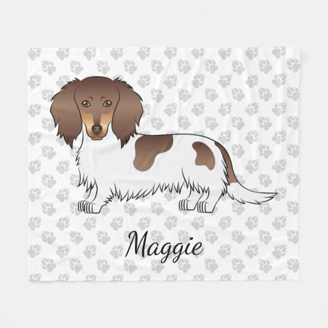 Chocolate & Tan Piebald Long Hair Dachshund & Name Fleece Blanket (Front (Horizontal))