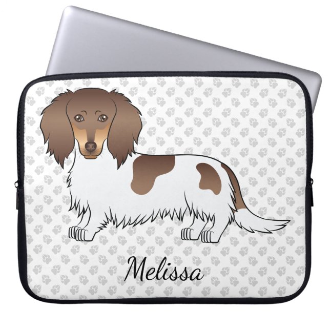 Chocolate & Tan Piebald Long Hair Dachshund & Name Laptop Sleeve (Front)