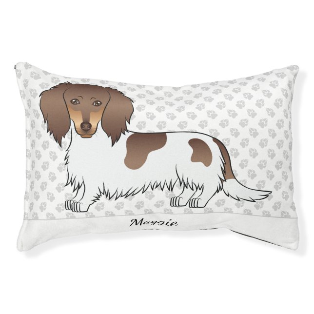 Chocolate & Tan Piebald Long Hair Dachshund & Name Pet Bed (Front)