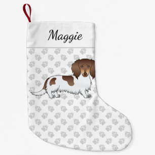 Chocolate & Tan Piebald Long Hair Dachshund & Name Small Christmas Stocking