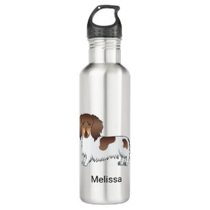 Chocolate & Tan Piebald Long Hair Dachshund & Name Stainless Steel Water Bottle