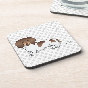 Chocolate & Tan Piebald Long Hair Dachshund & Paws Beverage Coaster