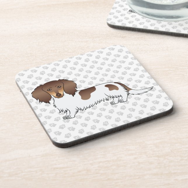 Chocolate & Tan Piebald Long Hair Dachshund & Paws Beverage Coaster (Left Side)