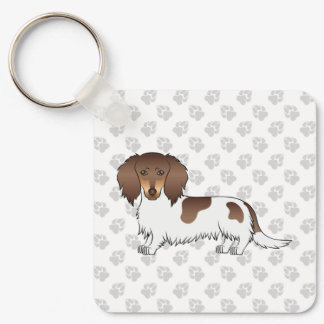 Chocolate &amp; Tan Piebald Long Hair Dachshund &amp; Paws Keychain