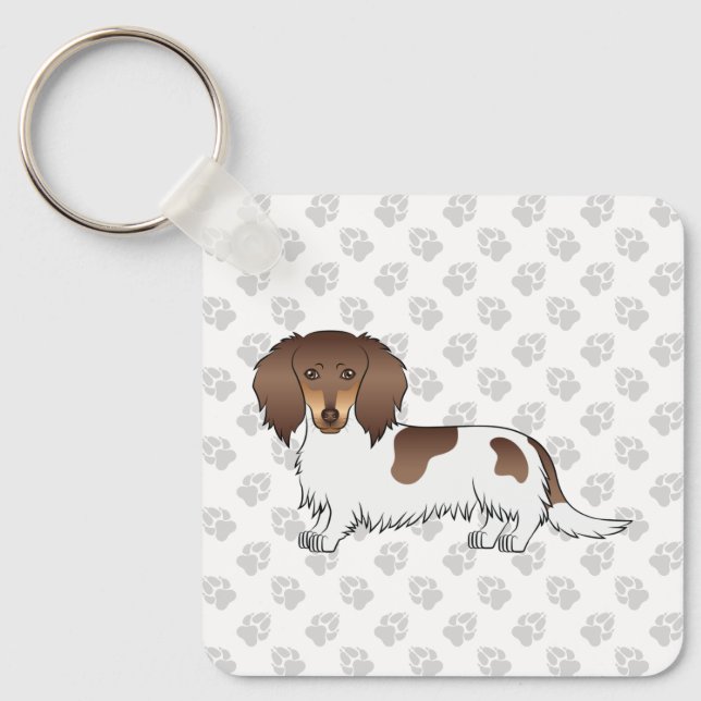 Chocolate & Tan Piebald Long Hair Dachshund & Paws Keychain (Front)