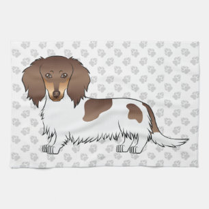 Chocolate & Tan Piebald Long Hair Dachshund & Paws Kitchen Towel