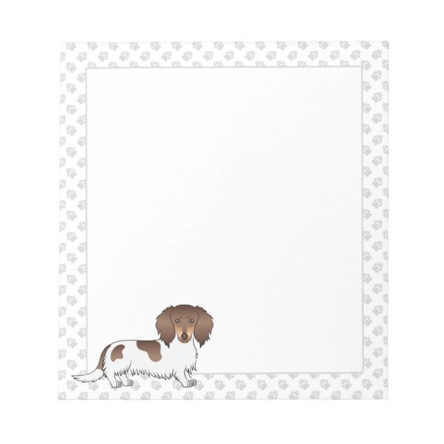 Chocolate & Tan Piebald Long Hair Dachshund & Paws Notepad (Front)