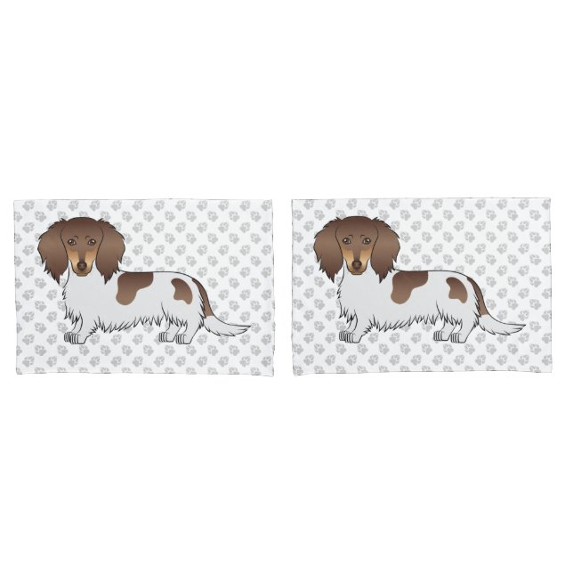 Chocolate & Tan Piebald Long Hair Dachshund & Paws Pillow Case (Front-Set)