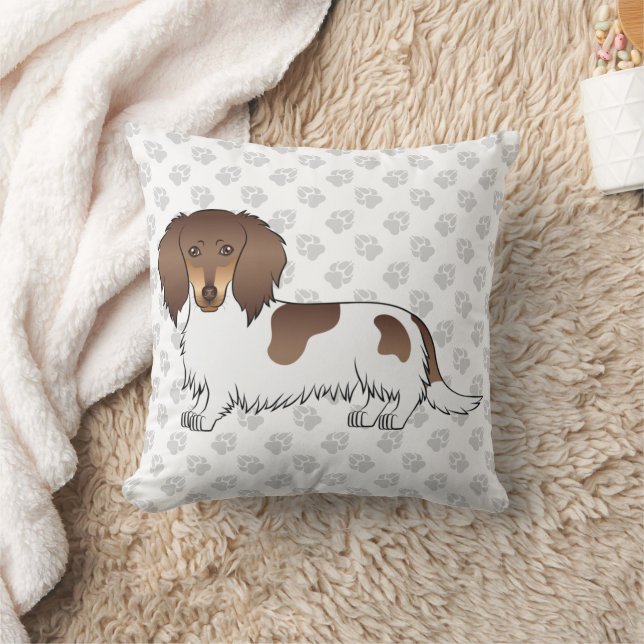 Chocolate & Tan Piebald Long Hair Dachshund & Paws Throw Pillow (Blanket)