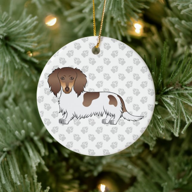 Chocolate & Tan Piebald Long Hair Dachshund & Text Ceramic Ornament (Tree)