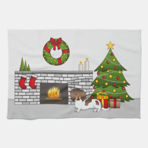 Chocolate & Tan Pied Long Hair Dachshund Christmas Kitchen Towel