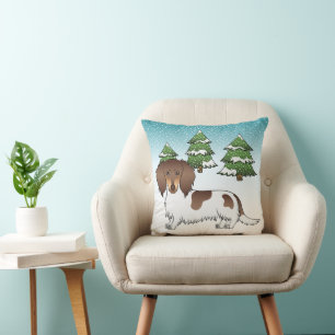 Chocolate & Tan Pied Long Hair Dachshund In Winter Throw Pillow