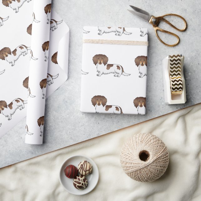 Chocolate & Tan Pied Long Hair Dachshund Pattern Wrapping Paper (Crafts)