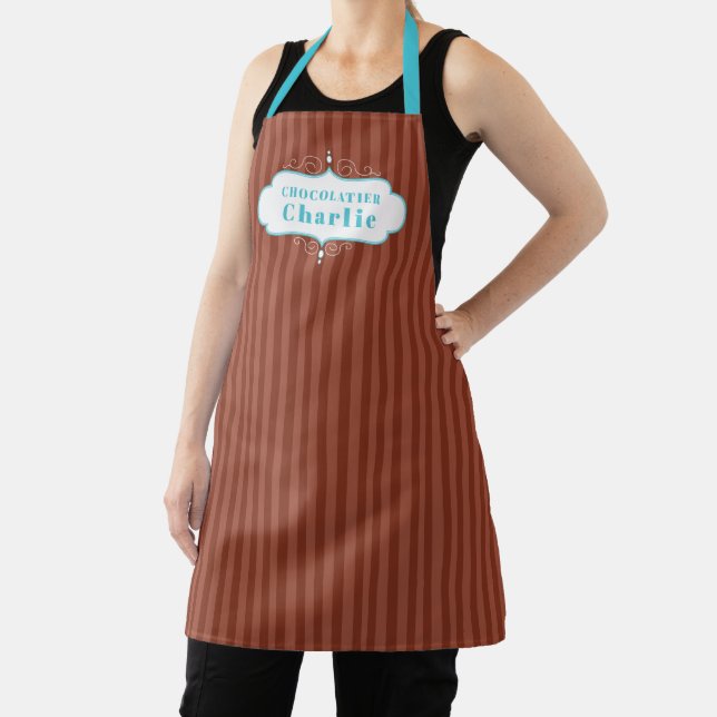 Chocolate teal brown stripe chocolatier baking apron (Insitu)