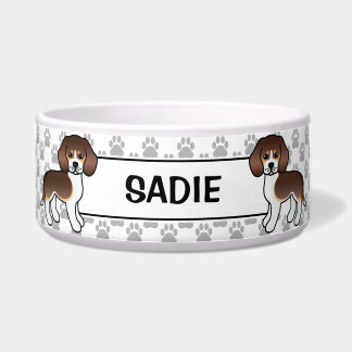 Chocolate Tricolor Beagle Cute Cartoon Dog &amp; Name Bowl